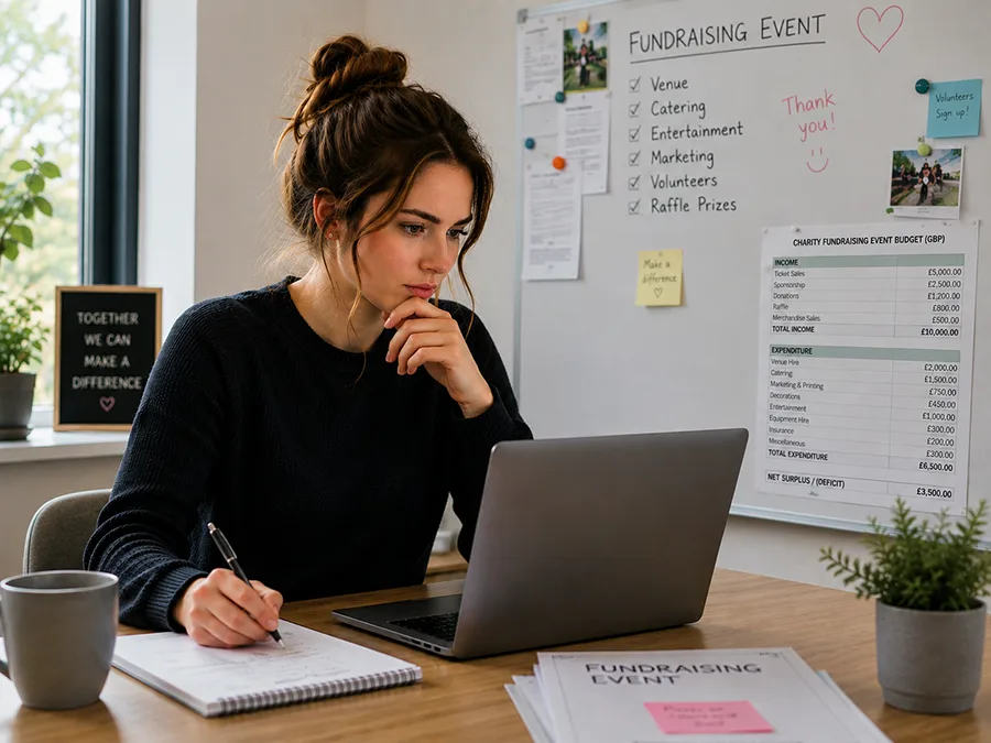 Young female professional concentrating as she plans a charity fundraising event budget on her laptop.