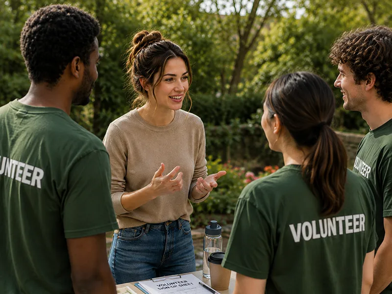 Young female professional smiling as she talks with a group of charity event volunteers outdoors.