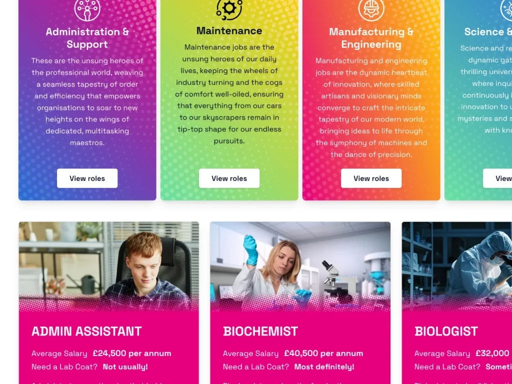 A science role page on Not Just Lab Coats, showing what the job involves.