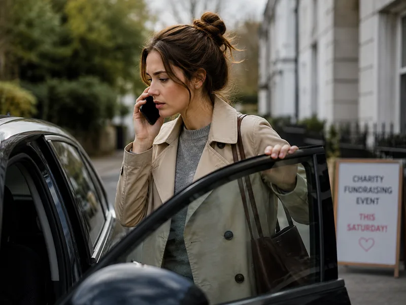 Young female professional having a serious phone conversation while getting into a car.