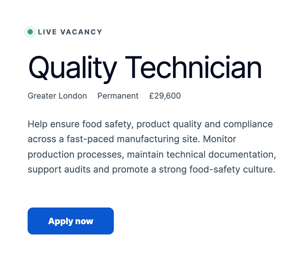 A quality technician job shown the usual way: a single vacancy card.